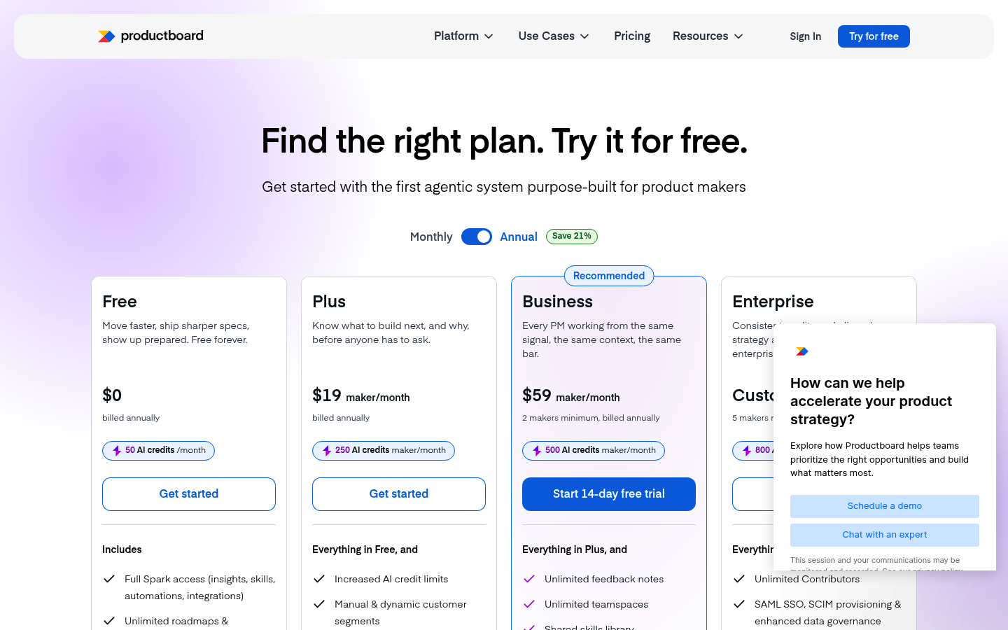 Screenshot of ProductBoard's pricing page showing its plans and prices
