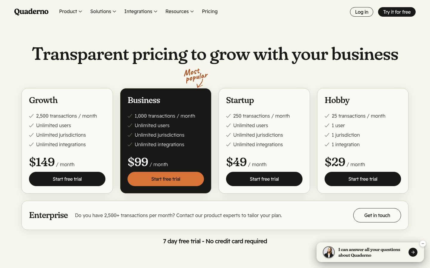 Screenshot of Quaderno's pricing page showing its plans and prices