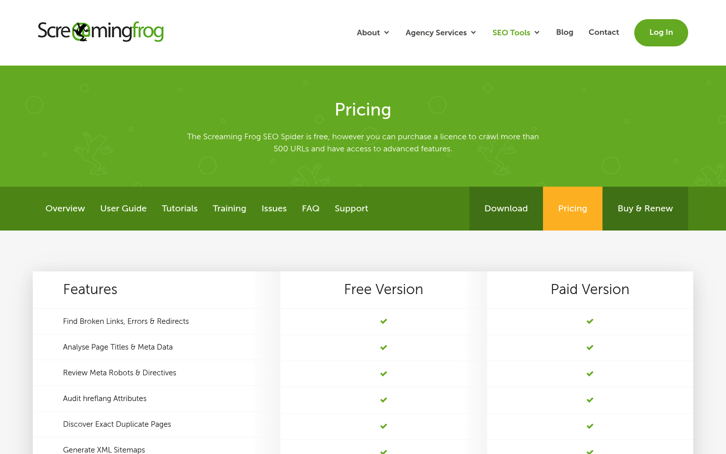 Screenshot of Screaming Frog's pricing page showing its plans and prices
