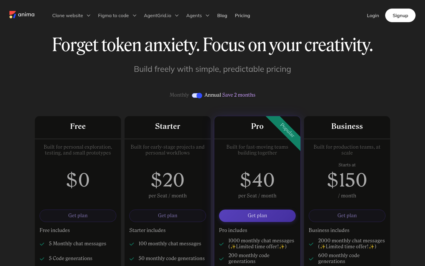 Screenshot of Anima's pricing page showing its plans and prices