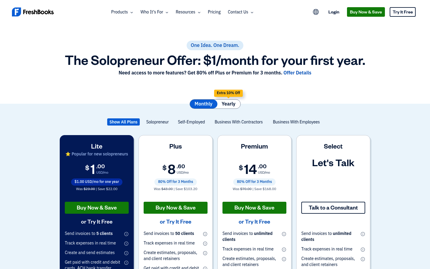 Screenshot of FreshBooks's pricing page showing its plans and prices