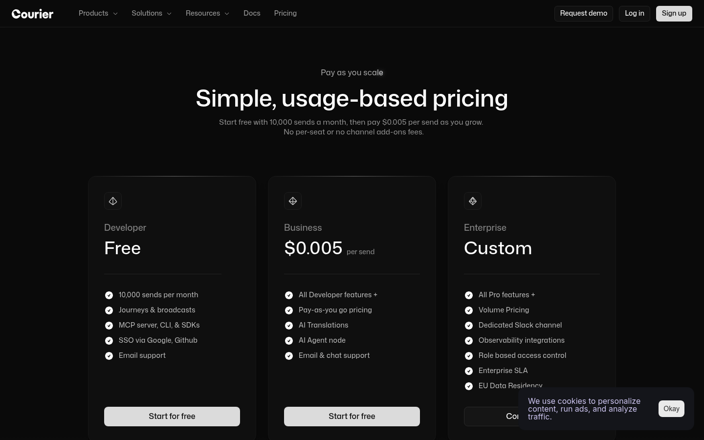 Screenshot of Courier's pricing page showing its plans and prices