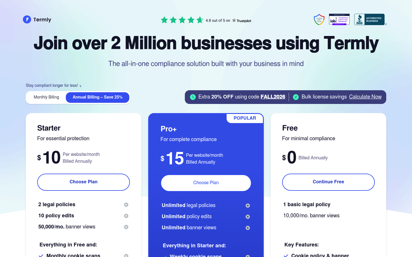 Screenshot of Termly's pricing page showing its plans and prices
