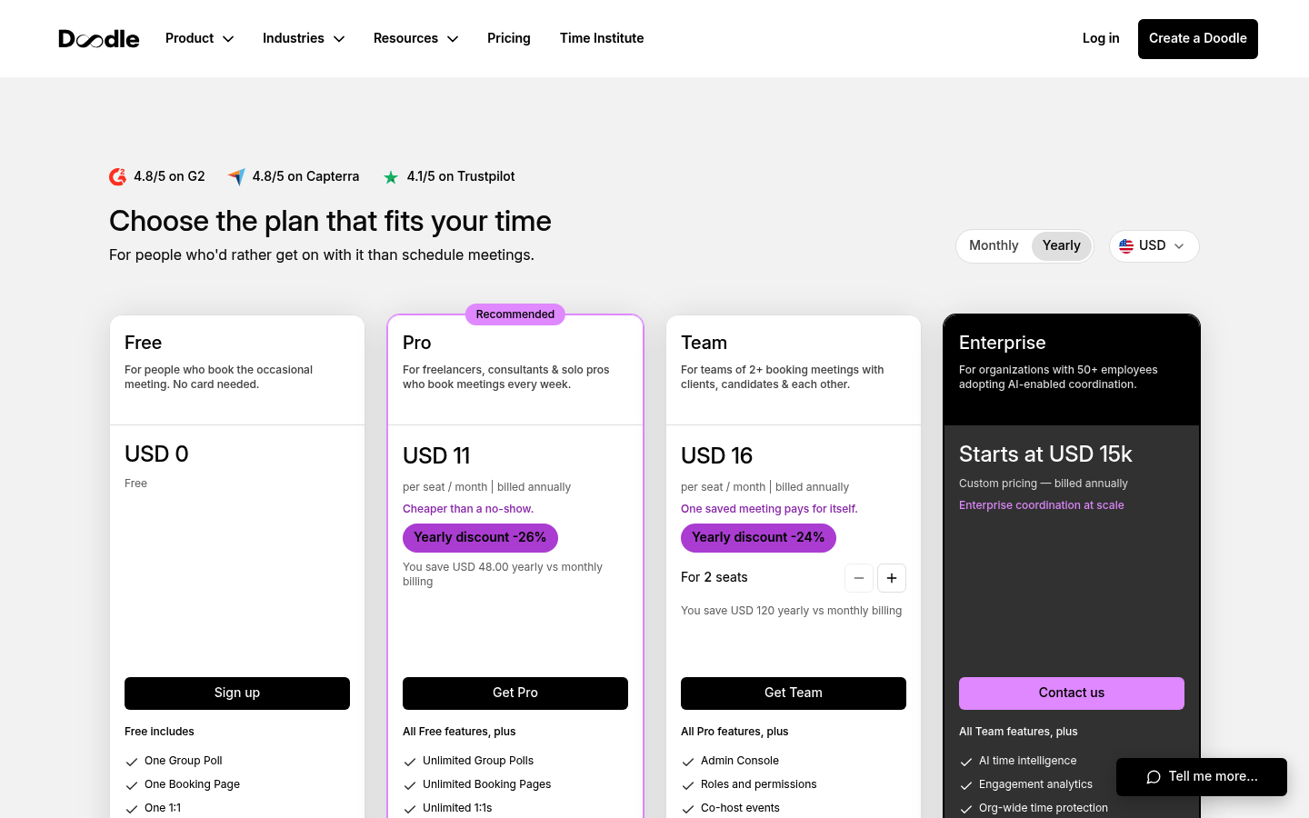 Screenshot of Doodle's pricing page showing its plans and prices