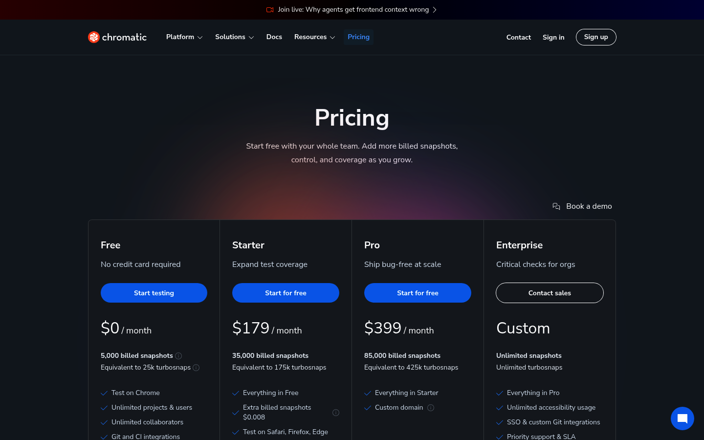 Screenshot of Chromatic's pricing page showing its plans and prices