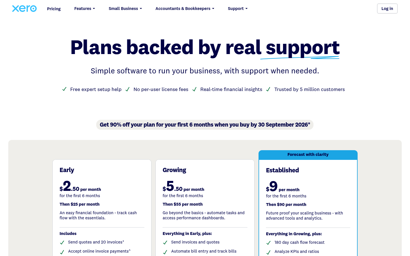Screenshot of Xero's pricing page showing its plans and prices