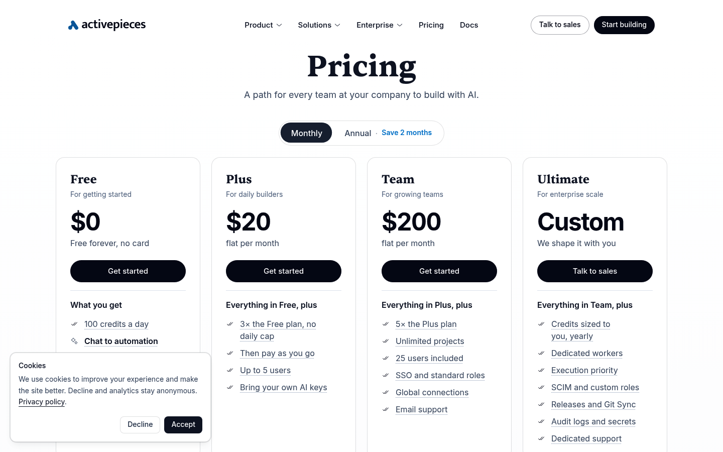 Screenshot of Activepieces's pricing page showing its plans and prices