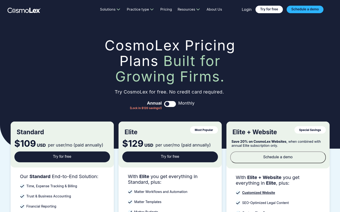 Screenshot of CosmoLex's pricing page showing its plans and prices