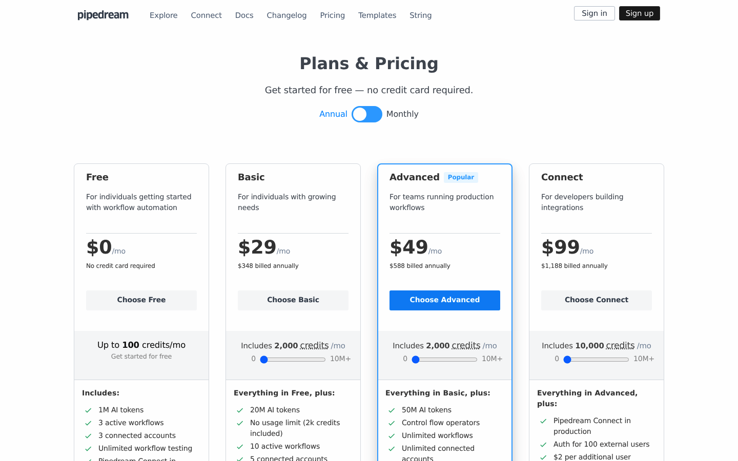 Screenshot of Pipedream's pricing page showing its plans and prices