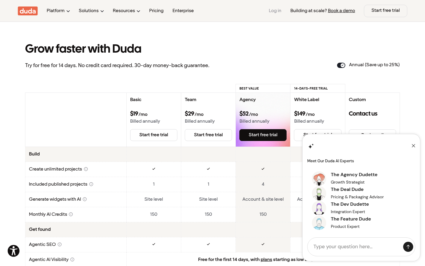 Screenshot of Duda's pricing page showing its plans and prices