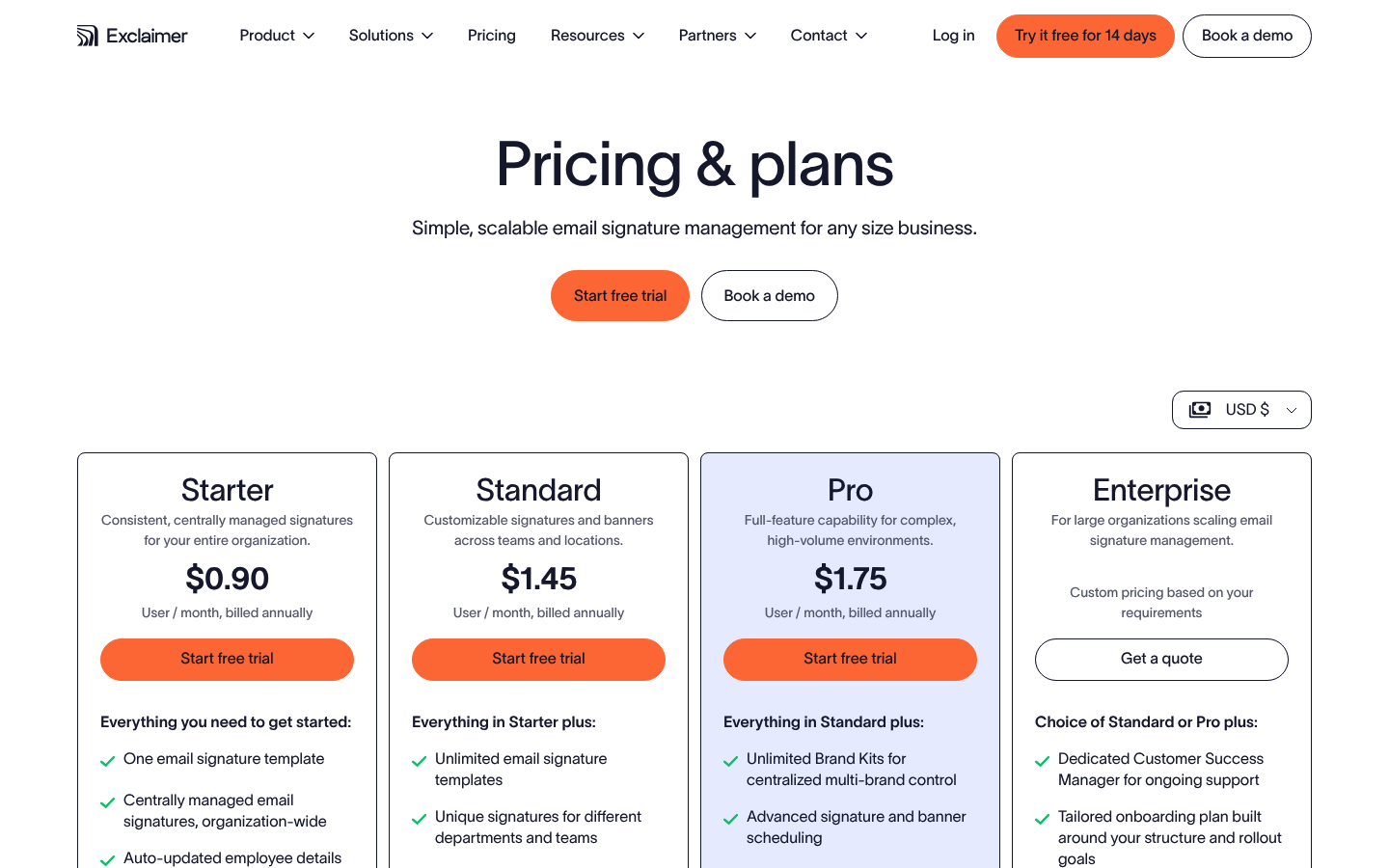 Screenshot of Exclaimer's pricing page showing its plans and prices