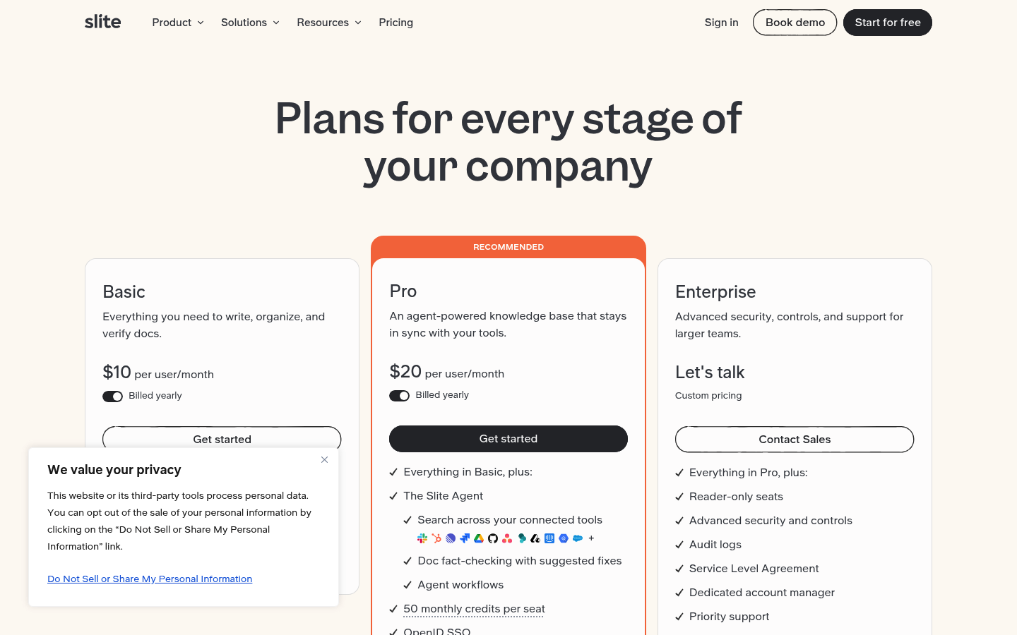 Screenshot of Slite's pricing page showing its plans and prices