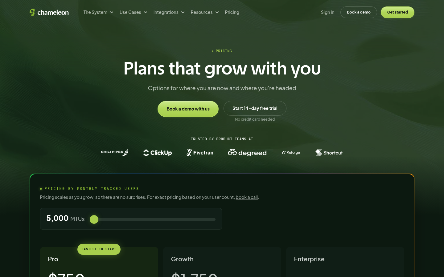 Screenshot of Chameleon's pricing page showing its plans and prices