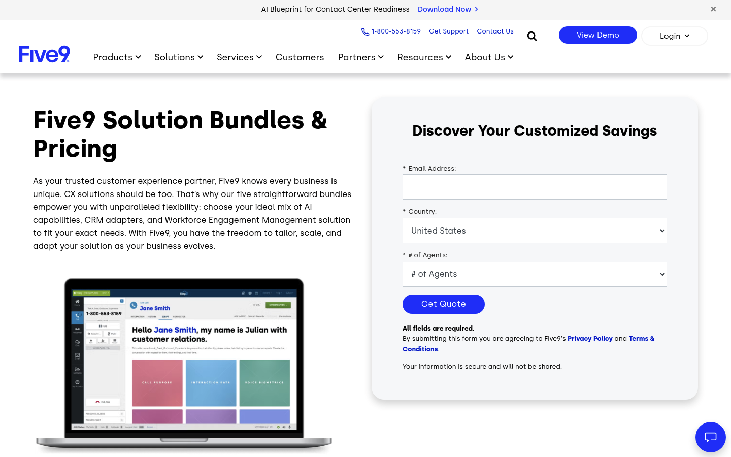 Screenshot of Five9's pricing page showing its plans and prices