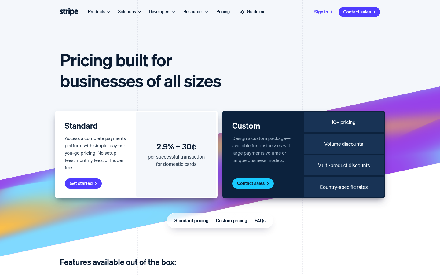 Screenshot of Stripe's pricing page showing its plans and prices