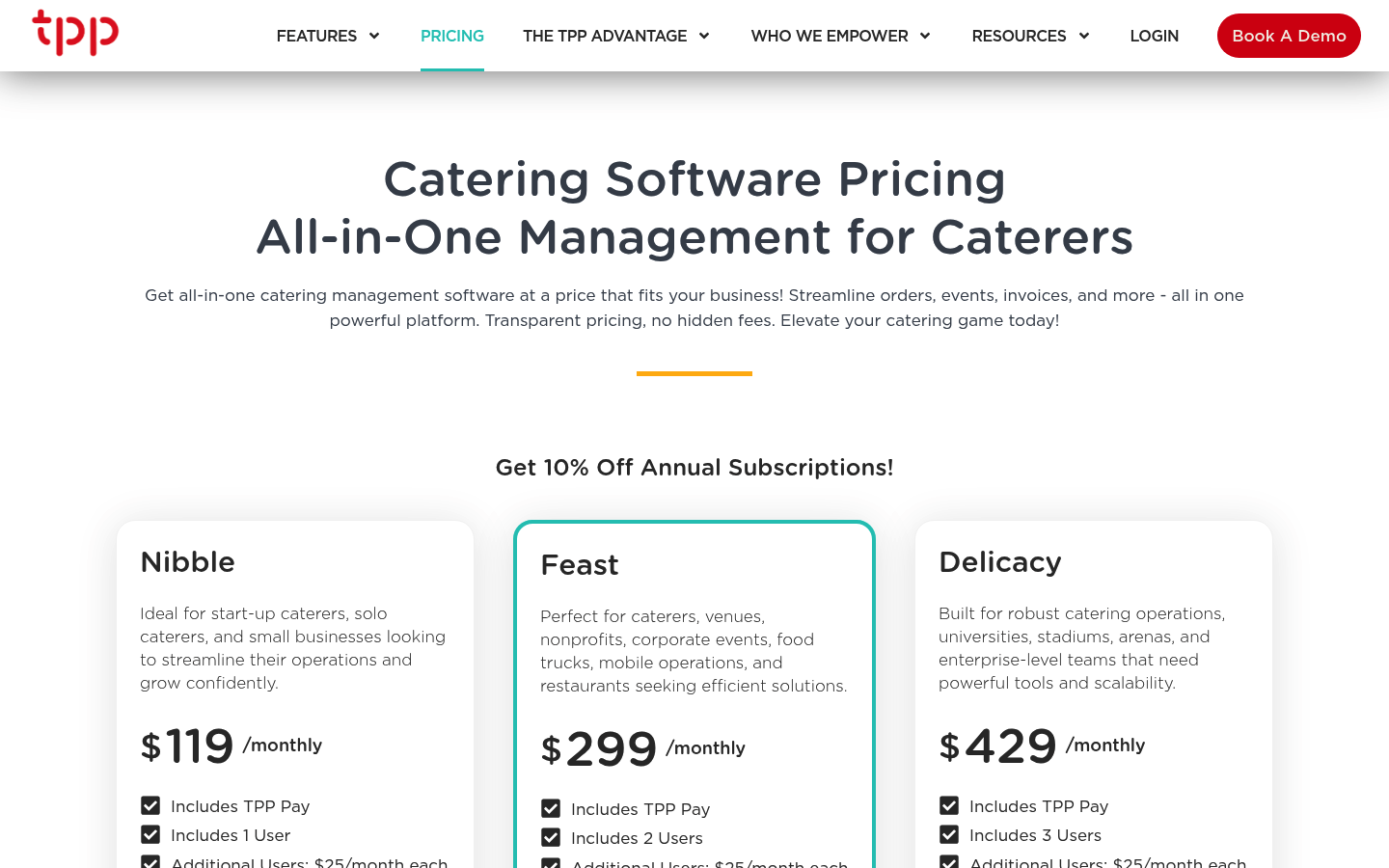 Screenshot of Total Party Planner's pricing page showing its plans and prices