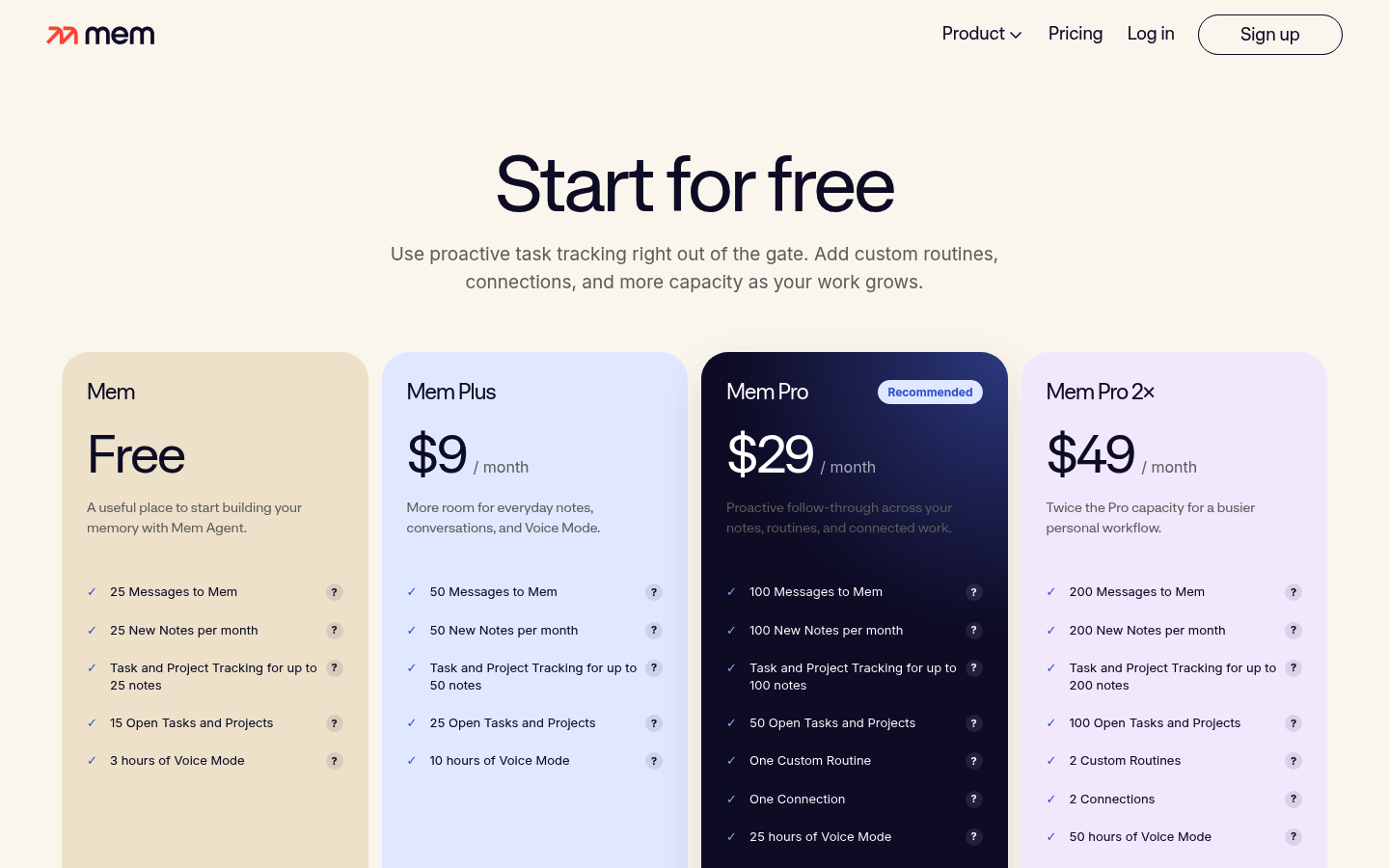 Screenshot of Mem's pricing page showing its plans and prices