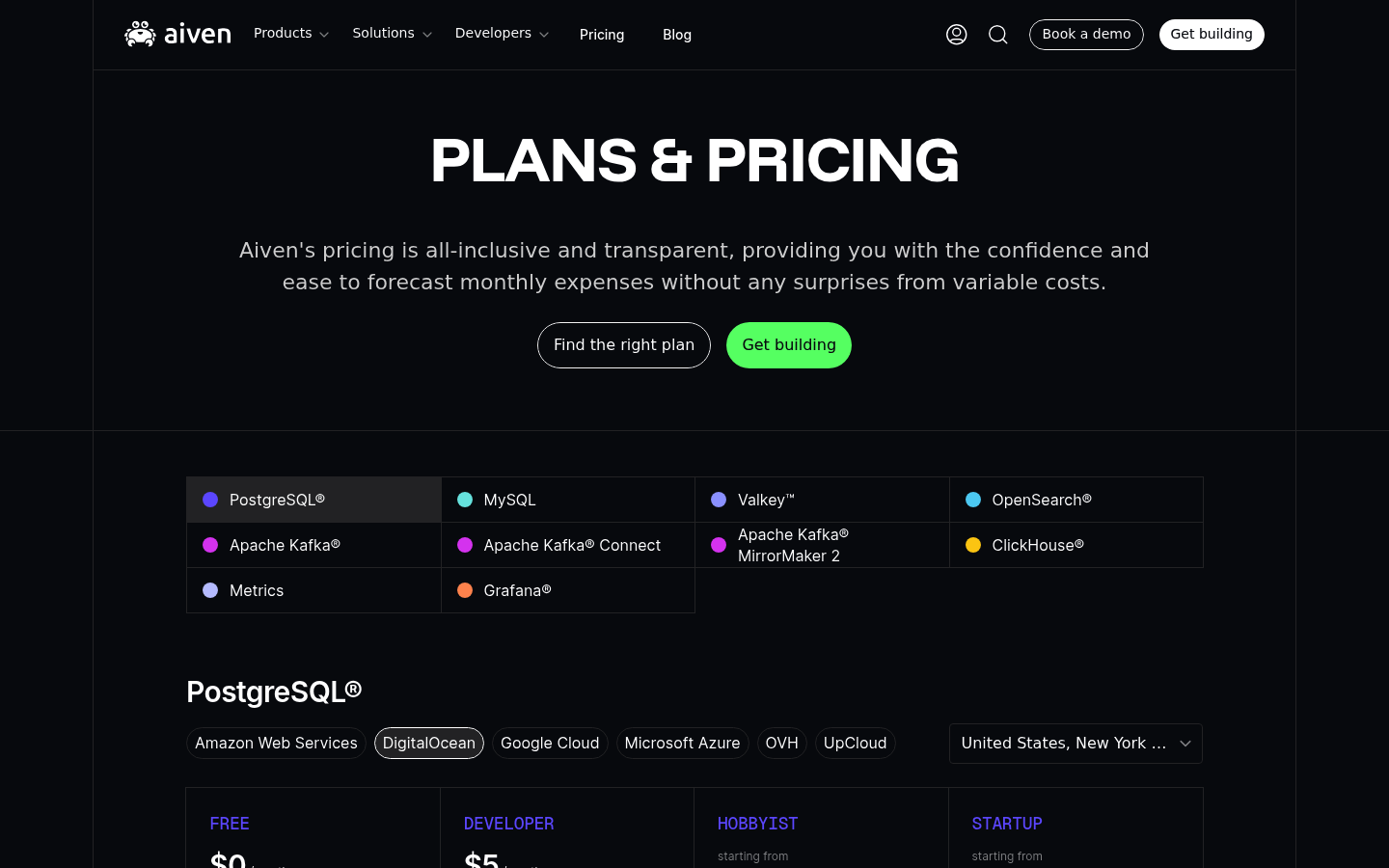 Screenshot of Aiven's pricing page showing its plans and prices