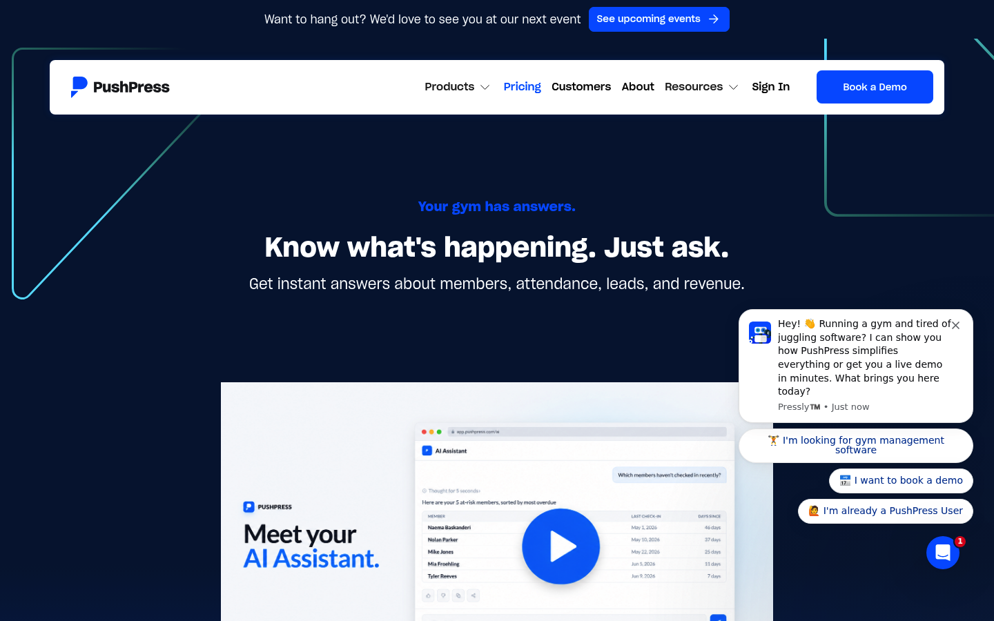 Screenshot of PushPress's pricing page showing its plans and prices