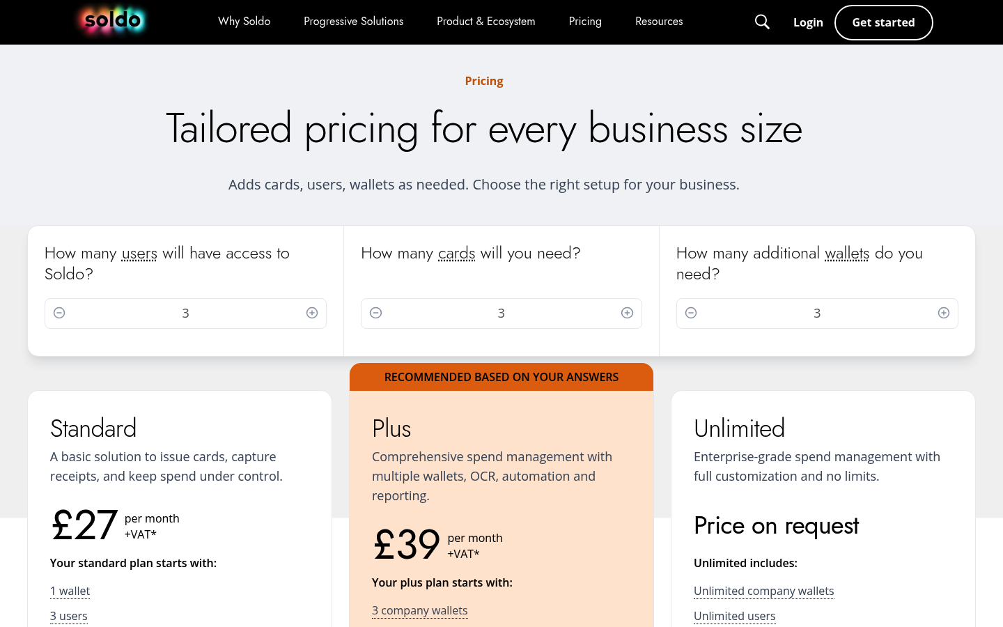 Screenshot of Soldo's pricing page showing its plans and prices