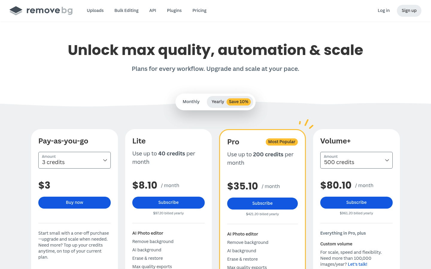 Screenshot of remove.bg's pricing page showing its plans and prices