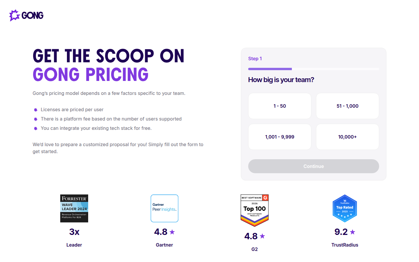 Screenshot of Gong's pricing page showing its plans and prices