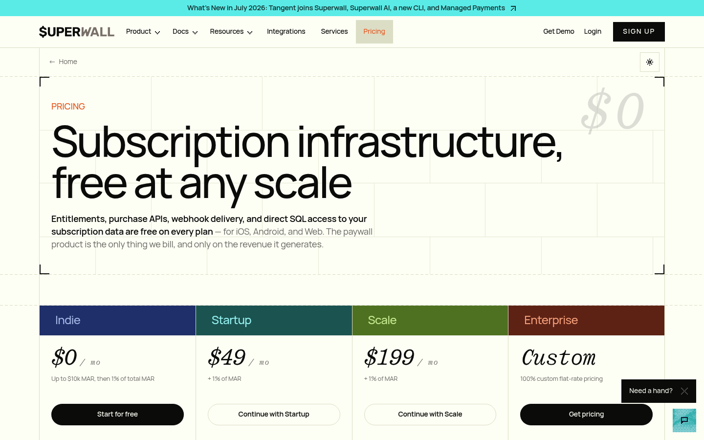 Screenshot of Superwall's pricing page showing its plans and prices