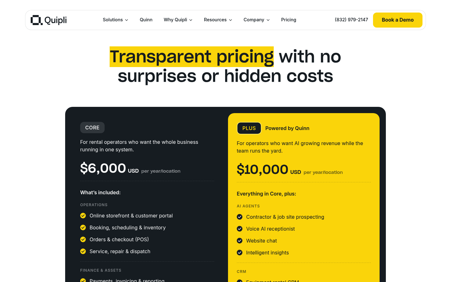Screenshot of Quipli's pricing page showing its plans and prices
