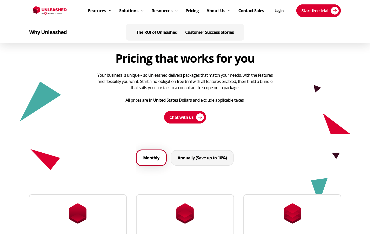 Screenshot of Unleashed's pricing page showing its plans and prices