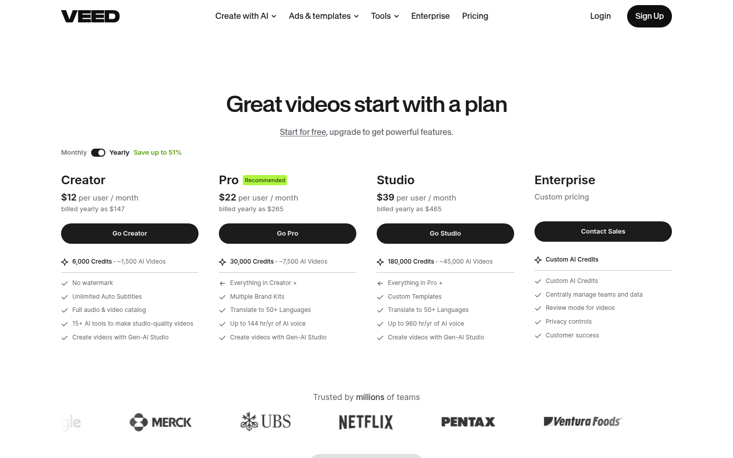Screenshot of Veed's pricing page showing its plans and prices