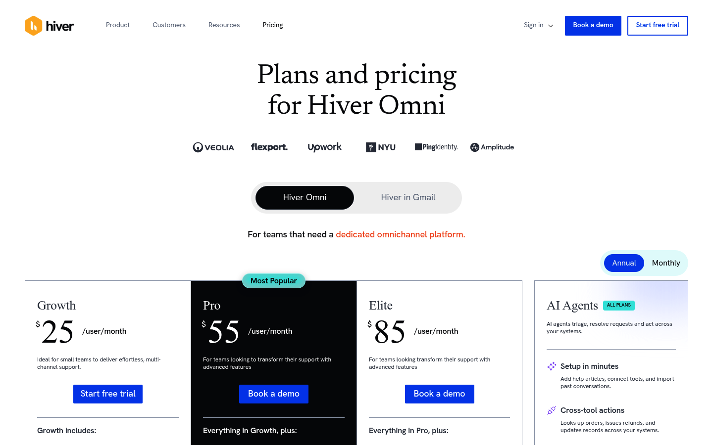 Screenshot of Hiver's pricing page showing its plans and prices
