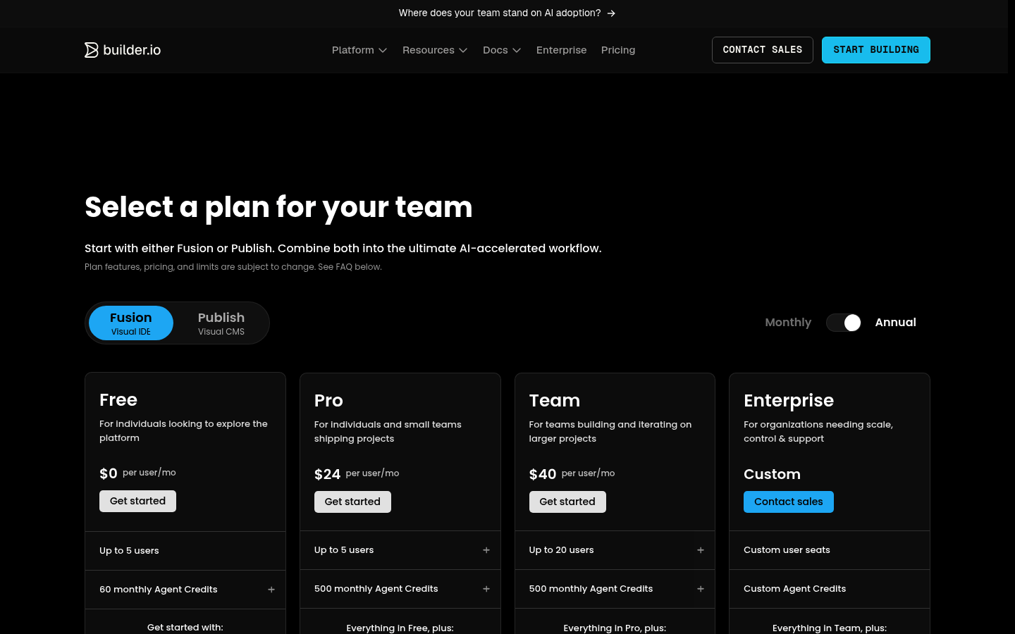 Screenshot of Builder.io's pricing page showing its plans and prices