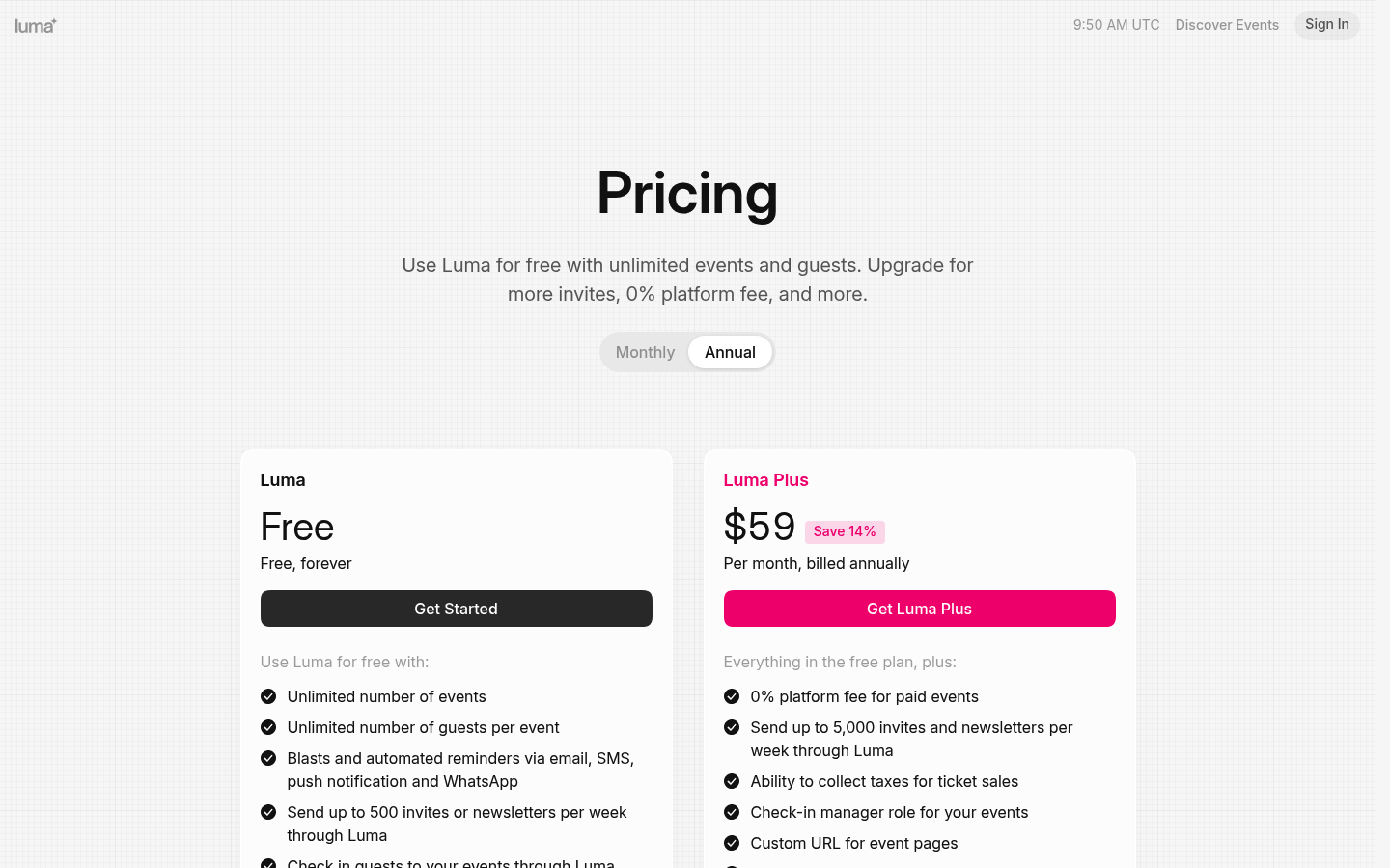 Screenshot of Luma's pricing page showing its plans and prices
