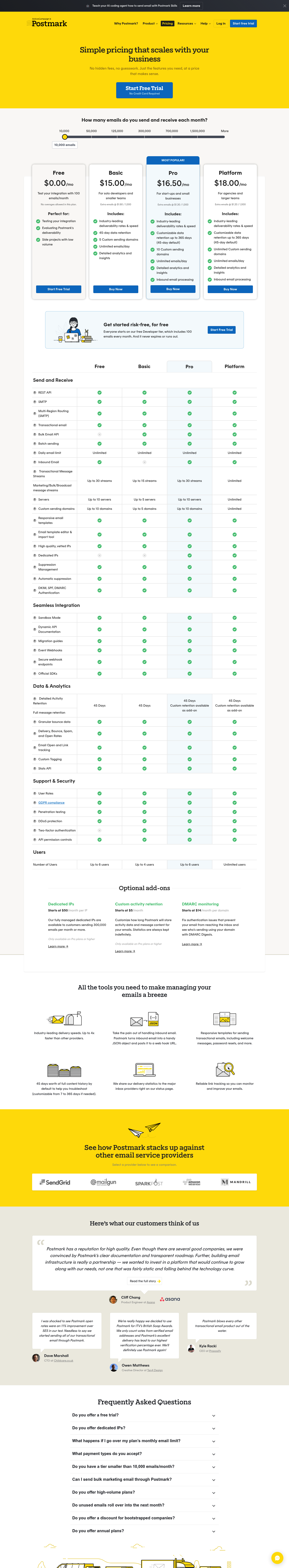 Screenshot of Postmark's pricing page showing its plans and prices