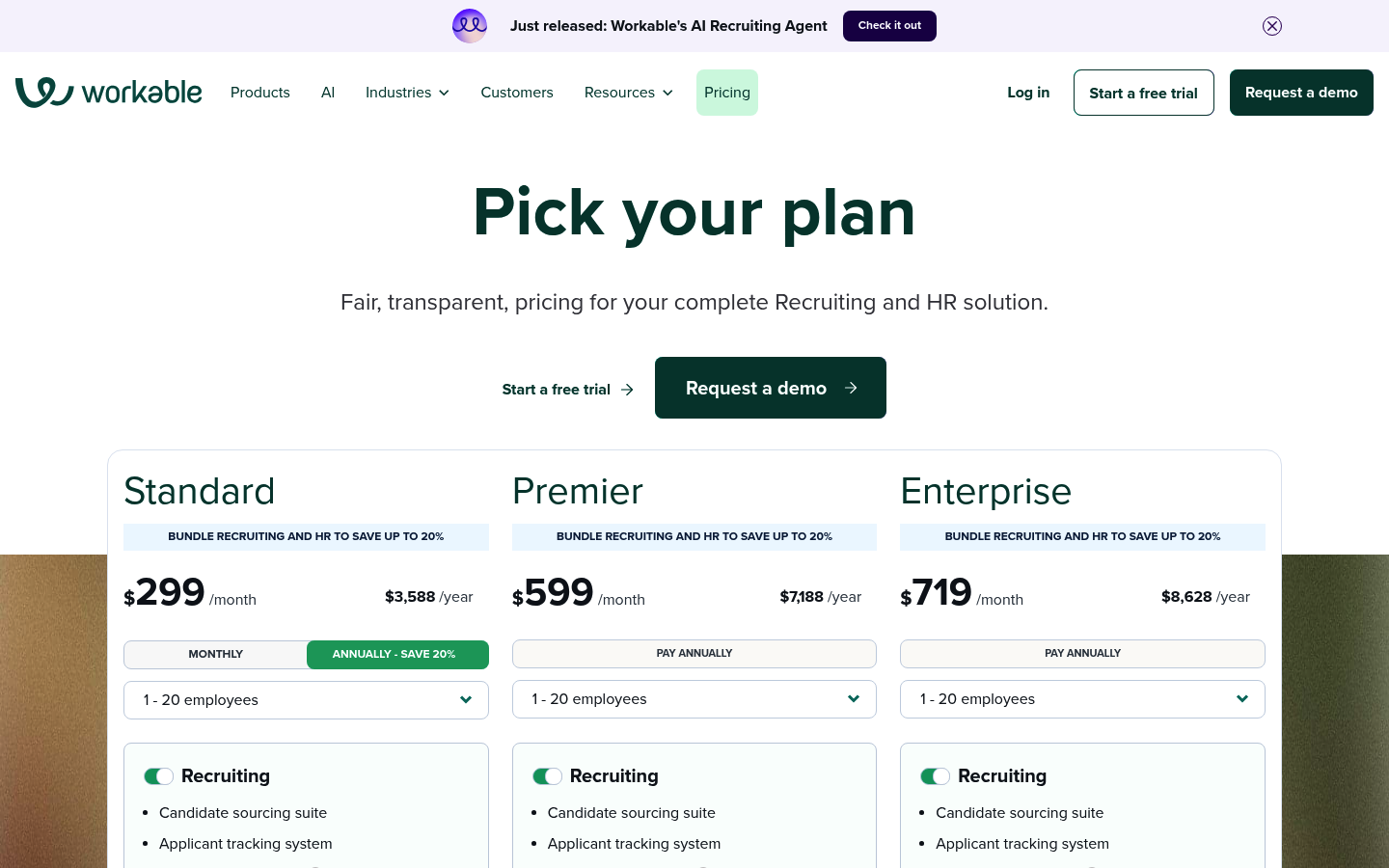 Screenshot of Workable's pricing page showing its plans and prices