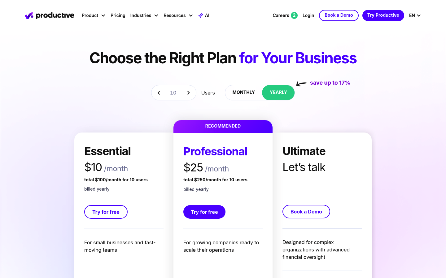 Screenshot of Productive's pricing page showing its plans and prices