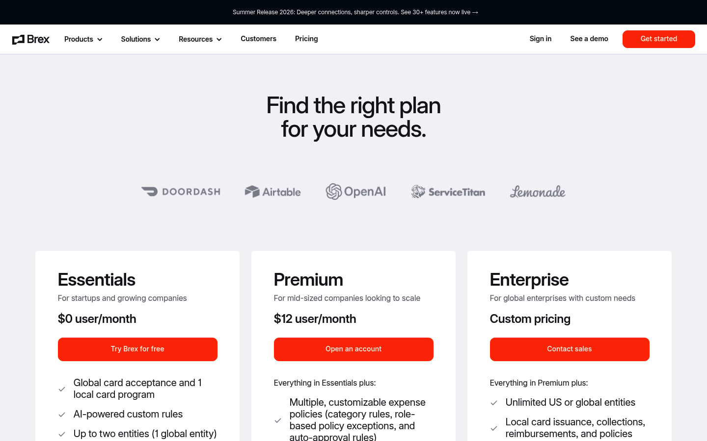 Screenshot of Brex's pricing page showing its plans and prices