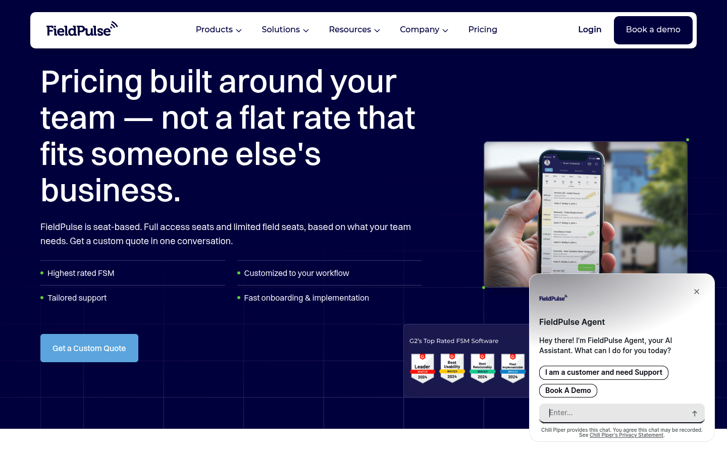 Screenshot of FieldPulse's pricing page showing its plans and prices
