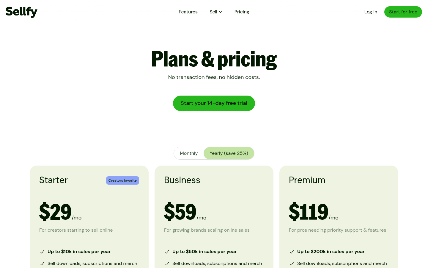 Screenshot of Sellfy's pricing page showing its plans and prices