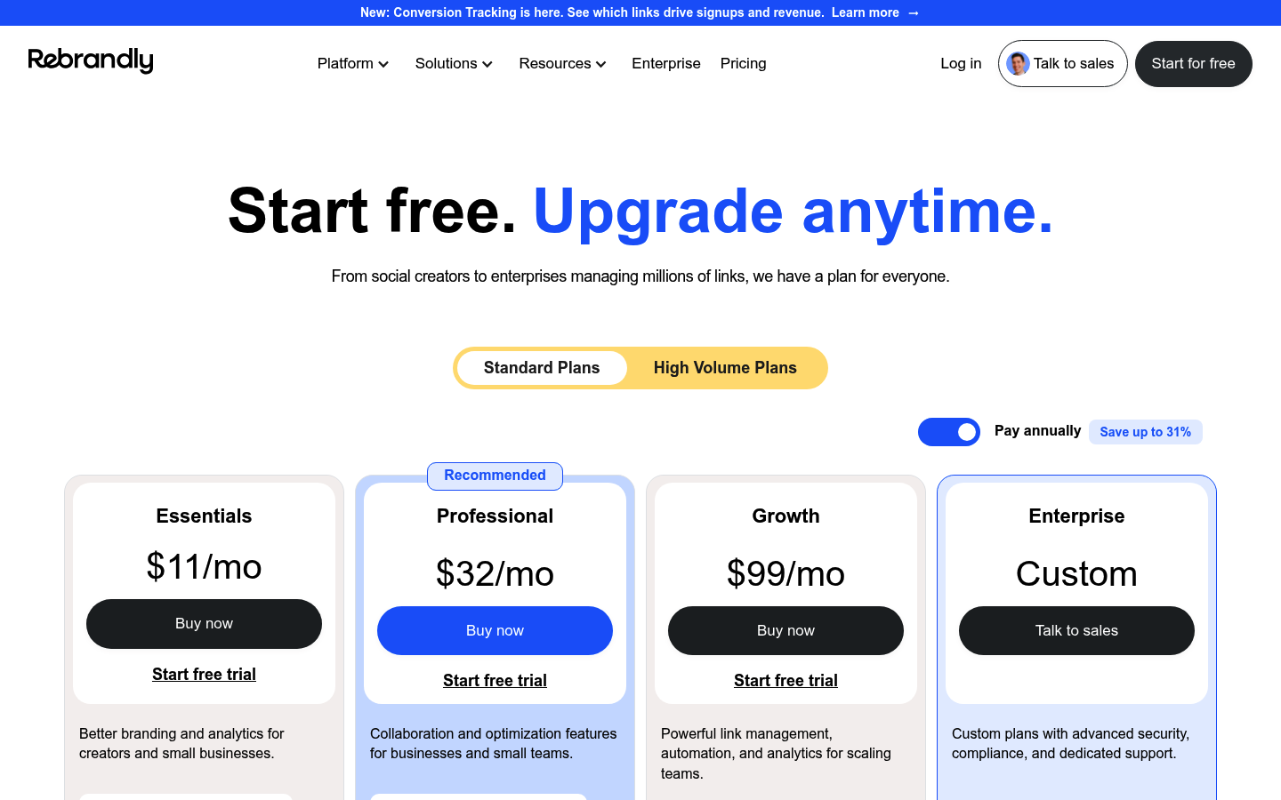 Screenshot of Rebrandly's pricing page showing its plans and prices