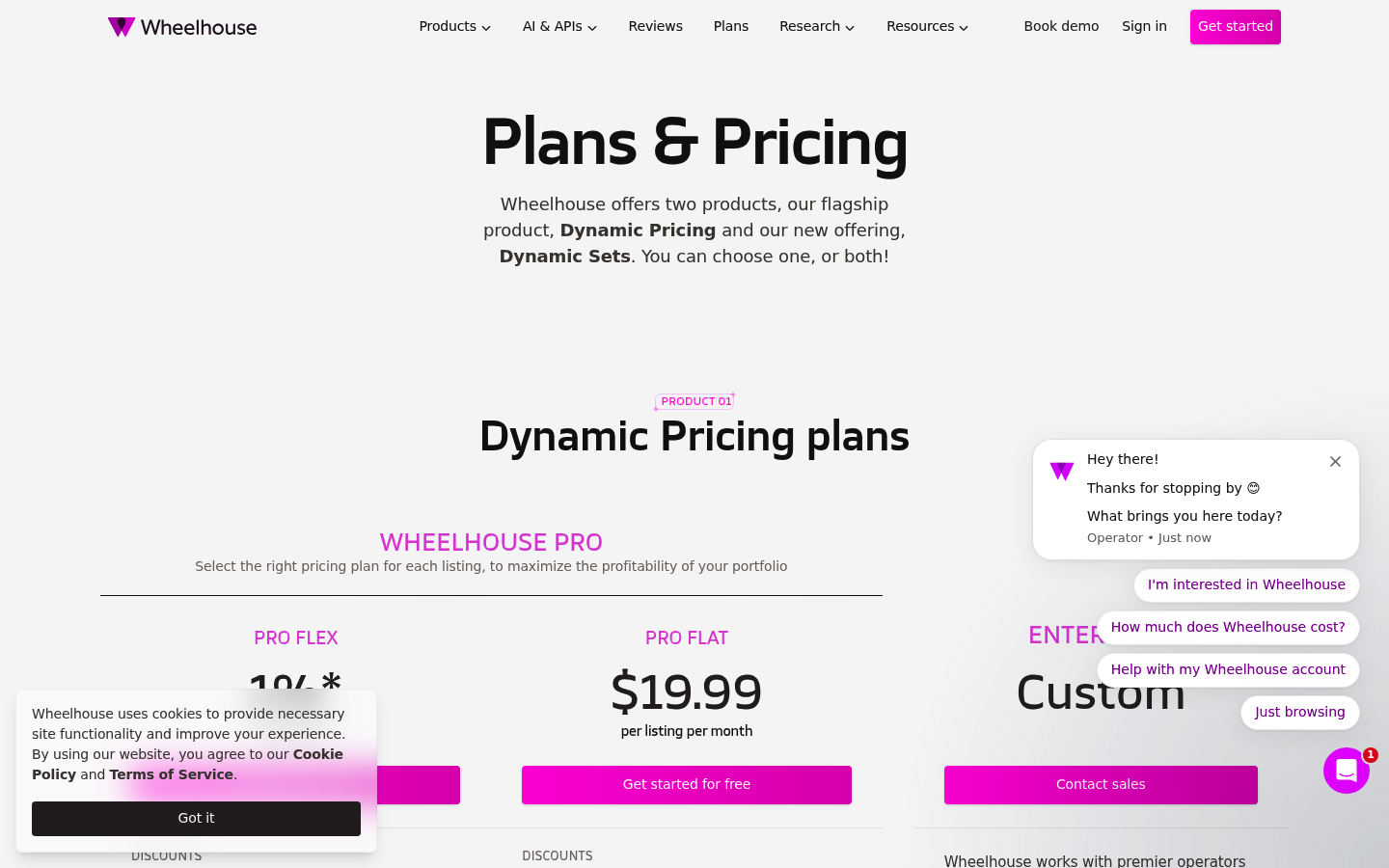Screenshot of Wheelhouse's pricing page showing its plans and prices