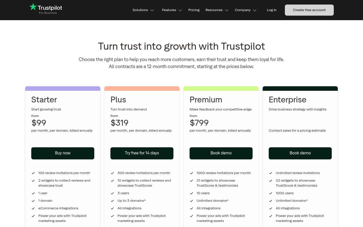 Screenshot of Trustpilot's pricing page showing its plans and prices
