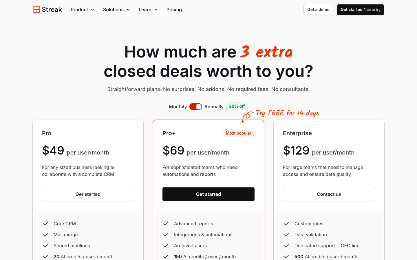 Screenshot of Streak's pricing page showing its plans and prices