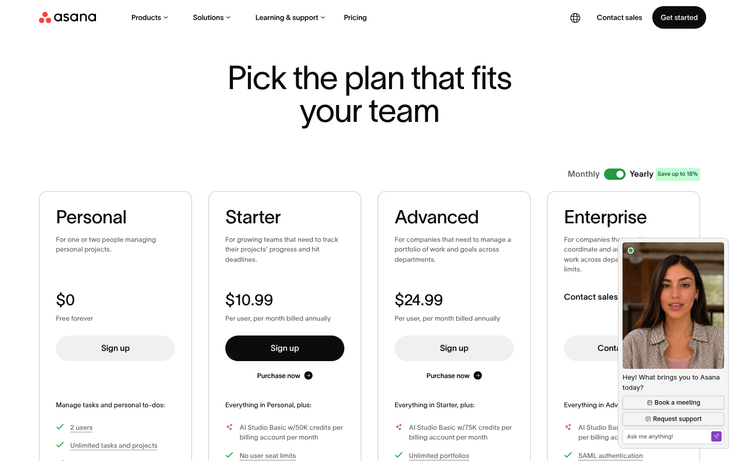 Screenshot of Asana's pricing page showing its plans and prices