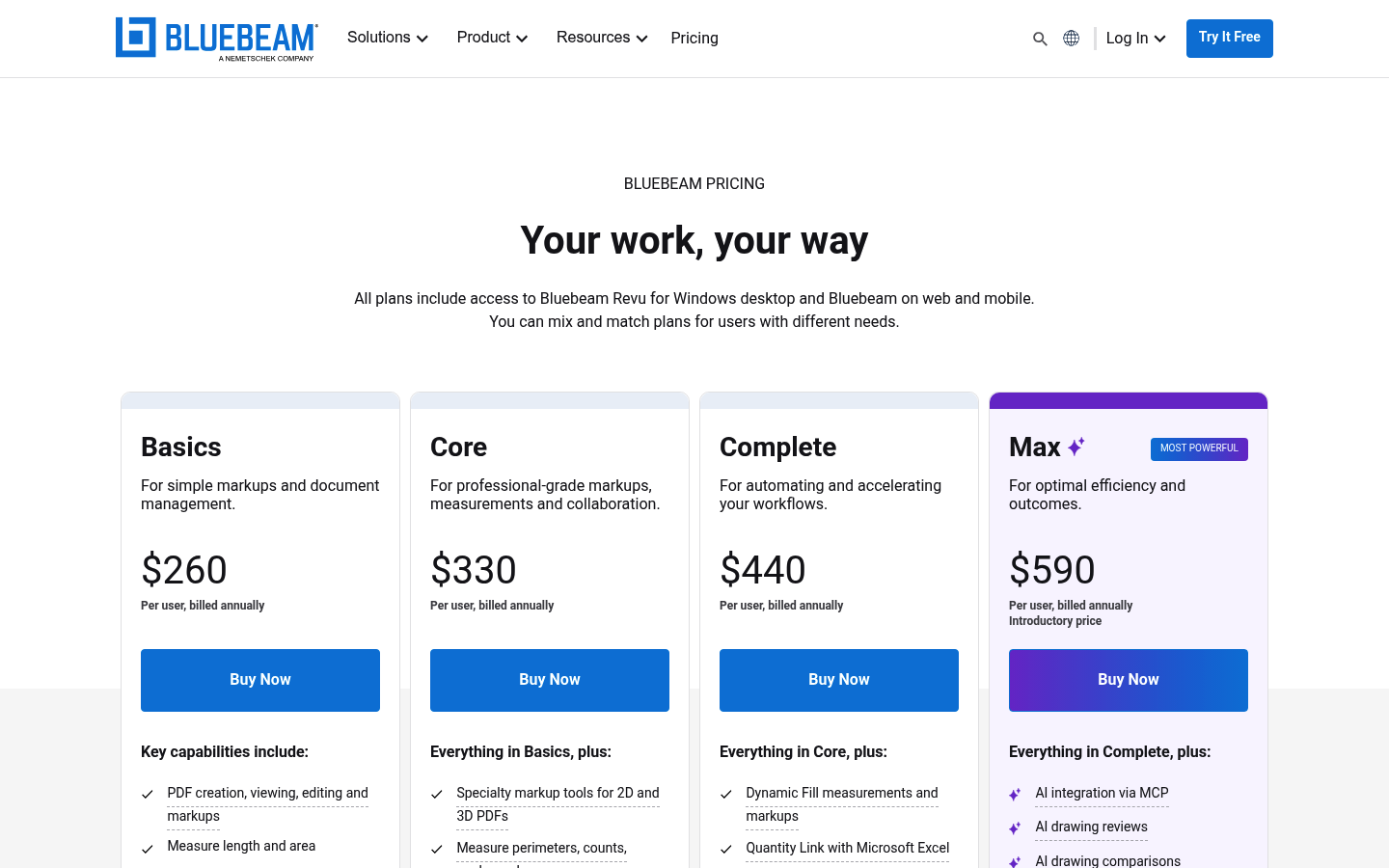 Screenshot of Bluebeam's pricing page showing its plans and prices