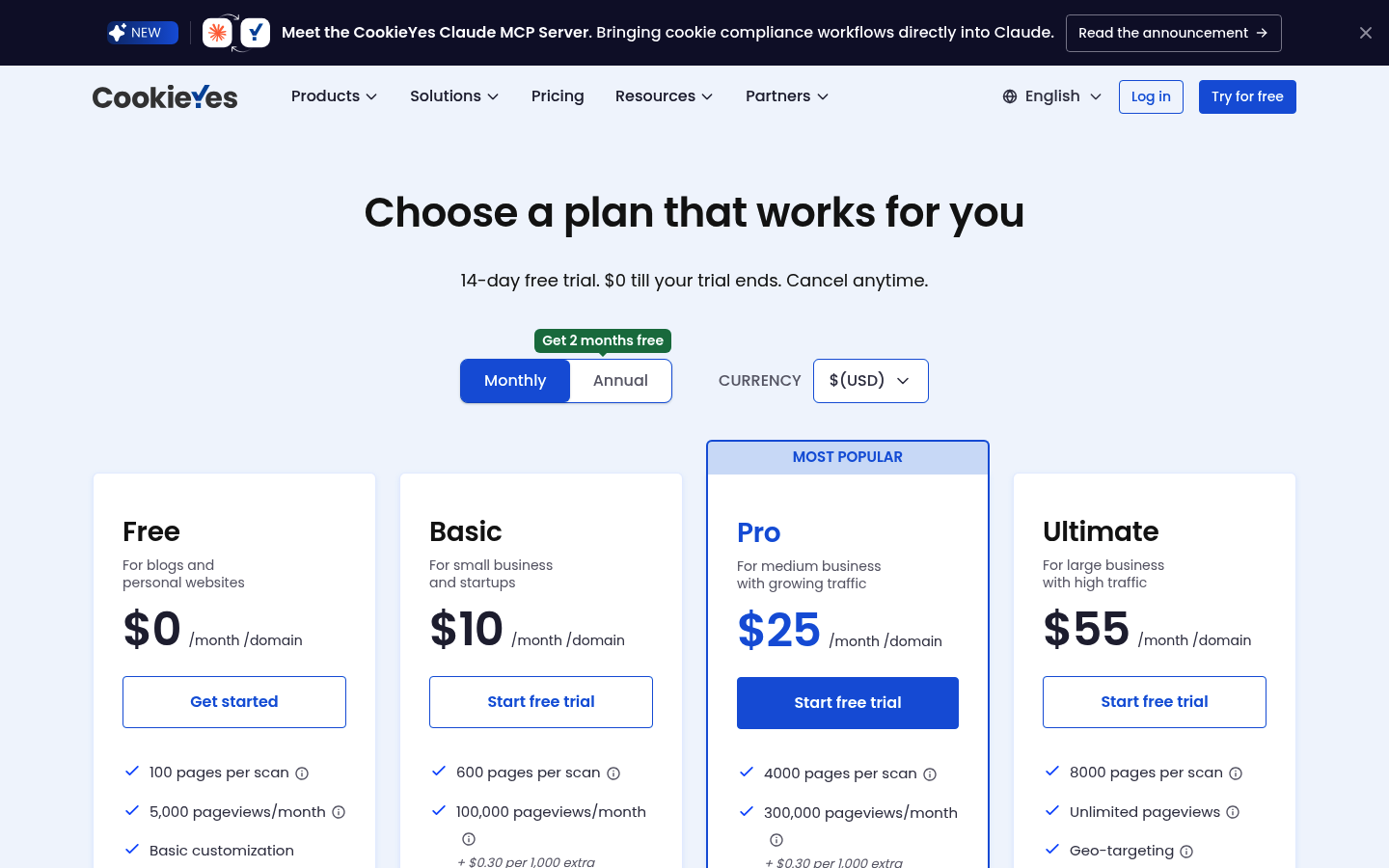 Screenshot of CookieYes's pricing page showing its plans and prices
