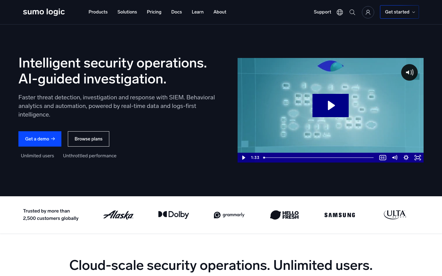 Screenshot of Sumo Logic's pricing page showing its plans and prices