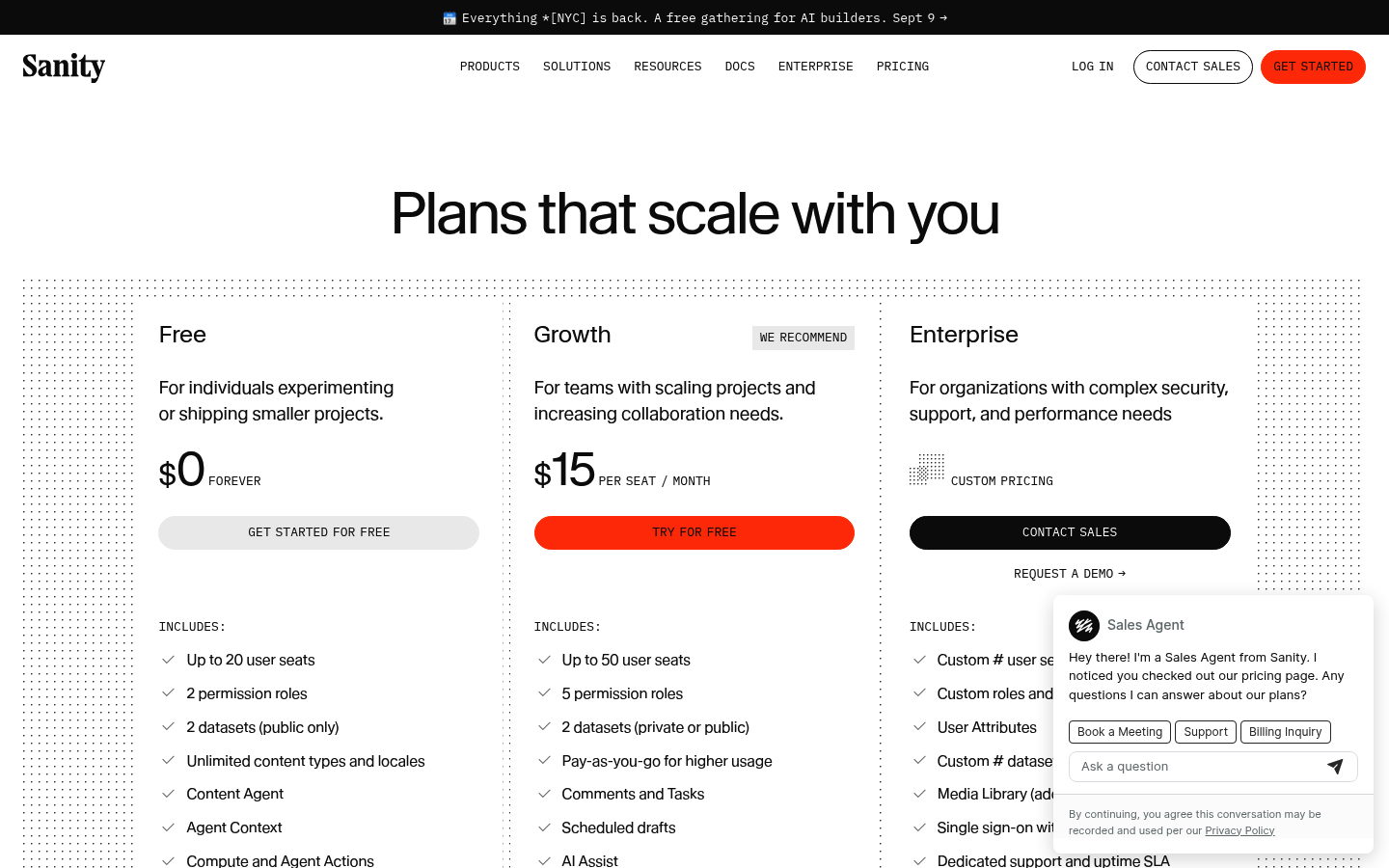 Screenshot of Sanity's pricing page showing its plans and prices