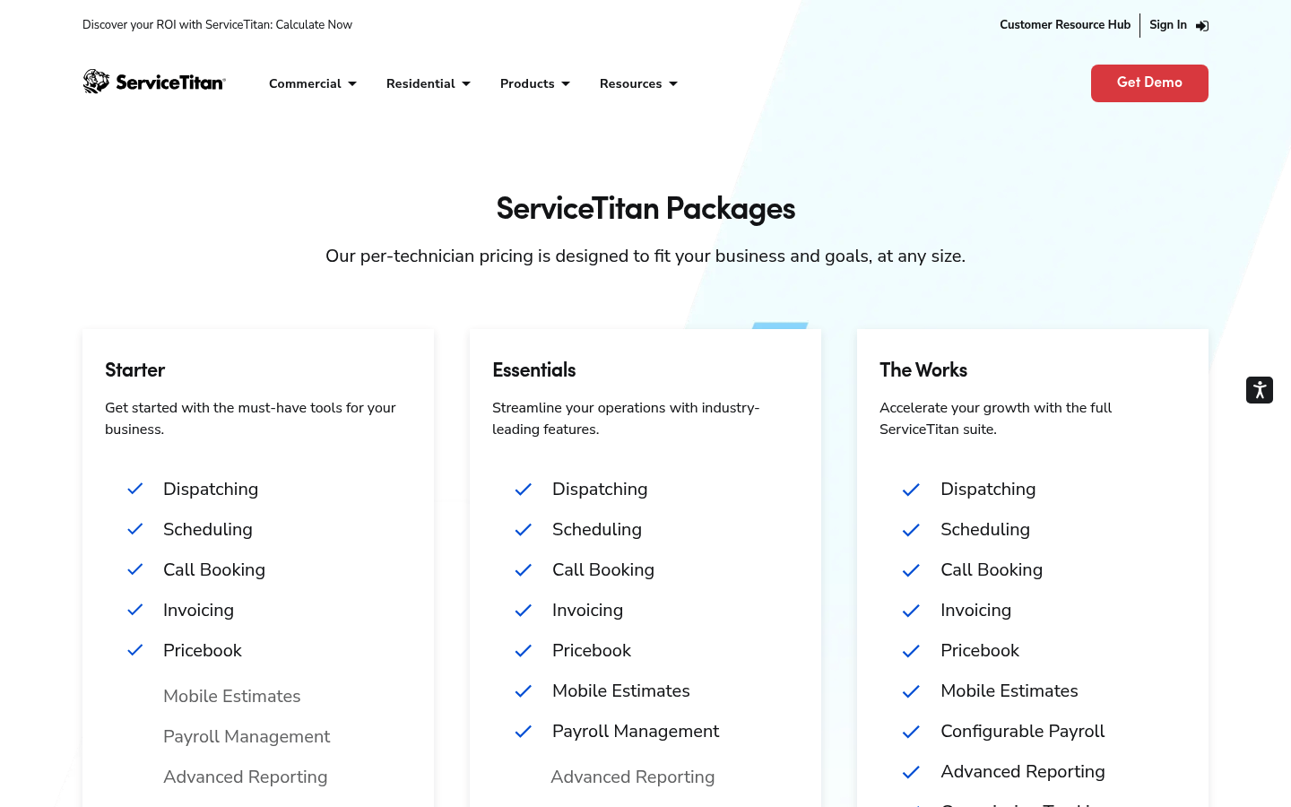 Screenshot of ServiceTitan's pricing page showing its plans and prices