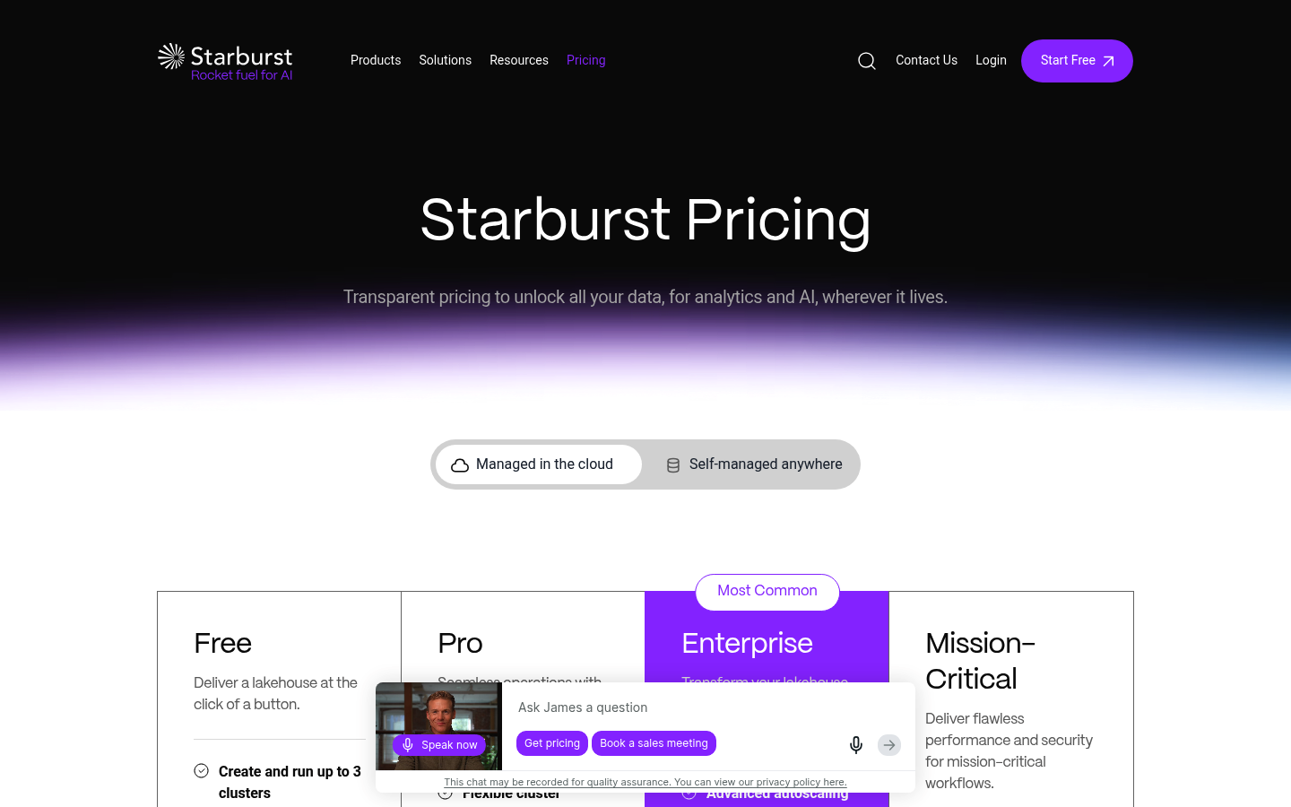 Screenshot of Starburst's pricing page showing its plans and prices